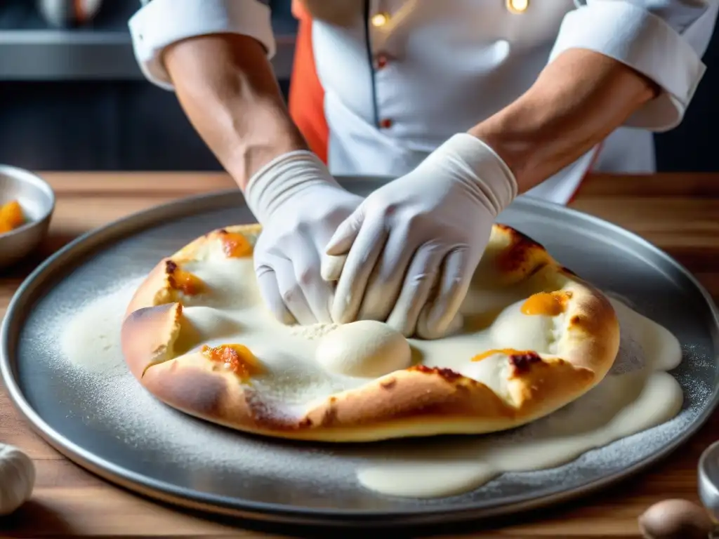 Chef amasando masa de pizza sin gluten, textura elástica con harina en el aire, luz suave