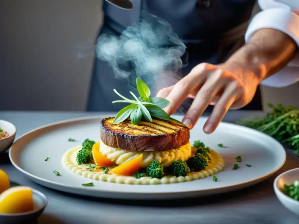 Un chef crea con meticulosidad una cocina sin gluten innovadora, colocando hierbas frescas en un plato delicado