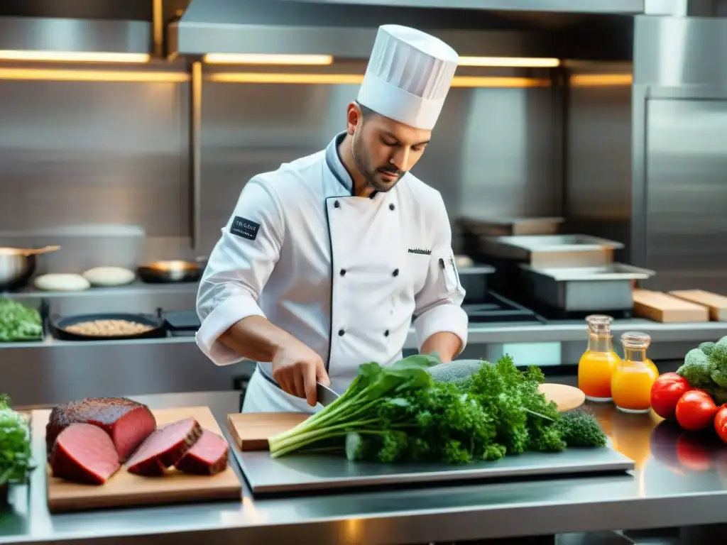 Un chef meticuloso evita la contaminación cruzada de alimentos sin gluten en una bulliciosa cocina profesional