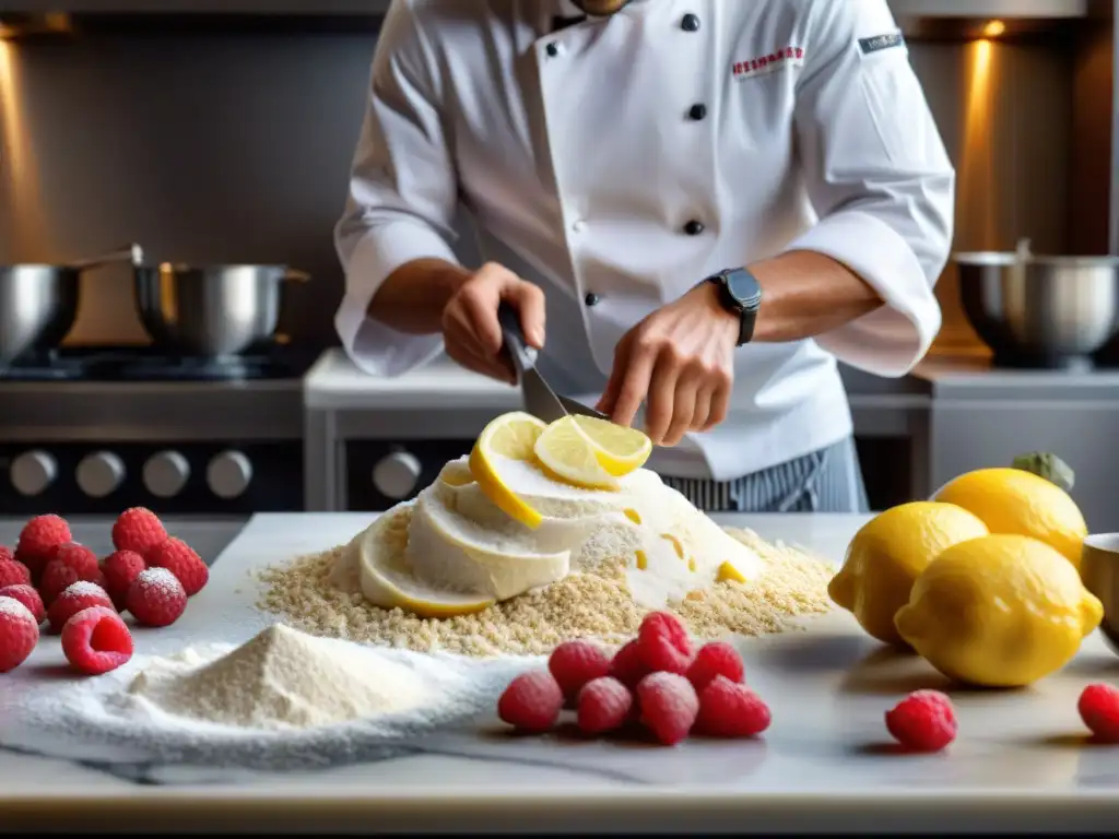 Un chef meticuloso preparando recetas sin gluten deliciosas fracasadas con ingredientes frescos y coloridos en una cocina luminosa