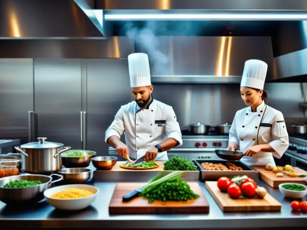 Chef innovando mundo sin gluten: Chefs divers@s en una cocina bulliciosa preparando platos coloridos y deliciosos