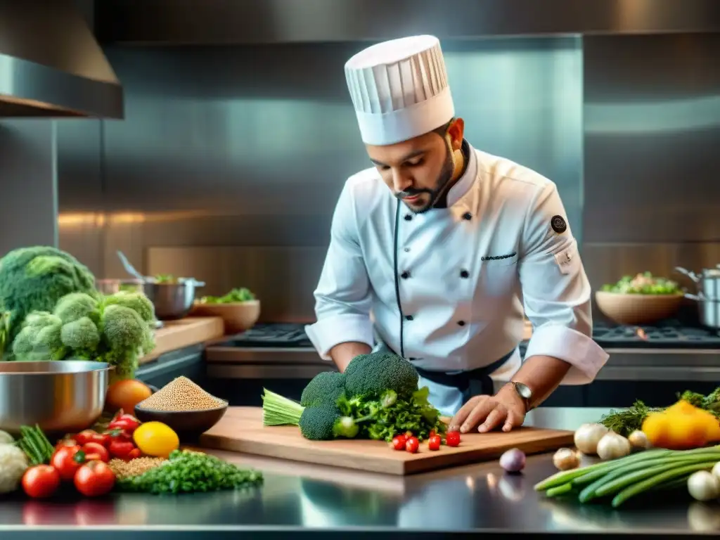 Chef innovando mundo sin gluten en una cocina moderna con ingredientes coloridos y frescos