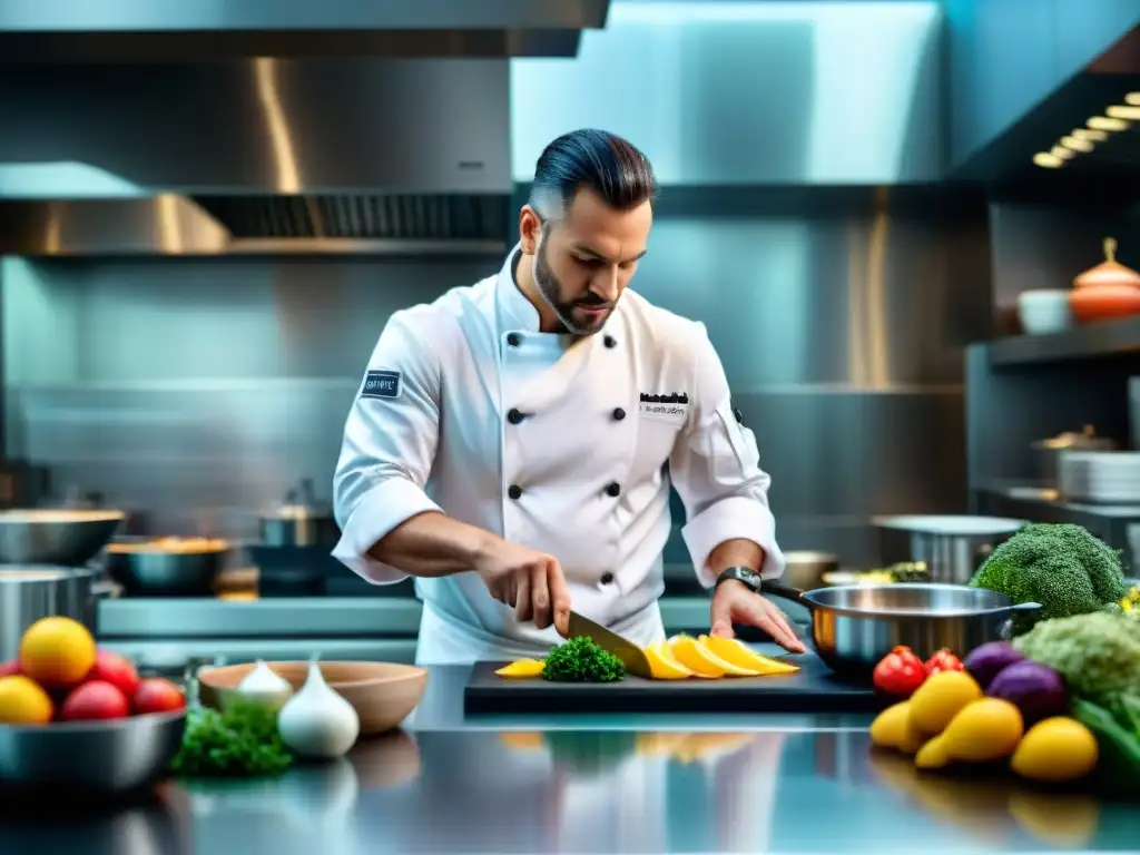 Chef innovando mundo sin gluten en una cocina moderna, creando obras culinarias con pasión y creatividad