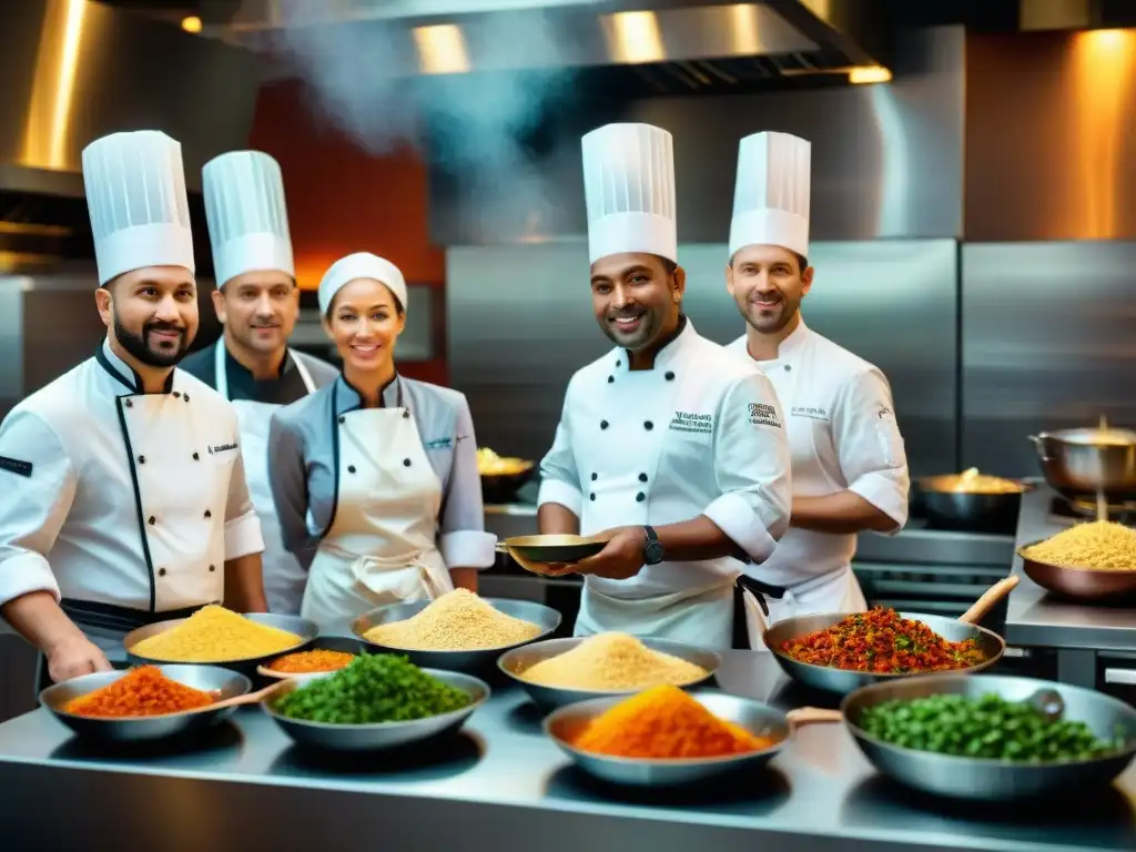 Chef de todo el mundo creando platos innovadores sin gluten en cocina moderna y bulliciosa