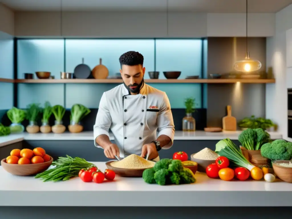 Un chef, una nutricionista y un científico de alimentos en una cocina llena de ingredientes sin gluten, compartiendo técnicas y conocimientos