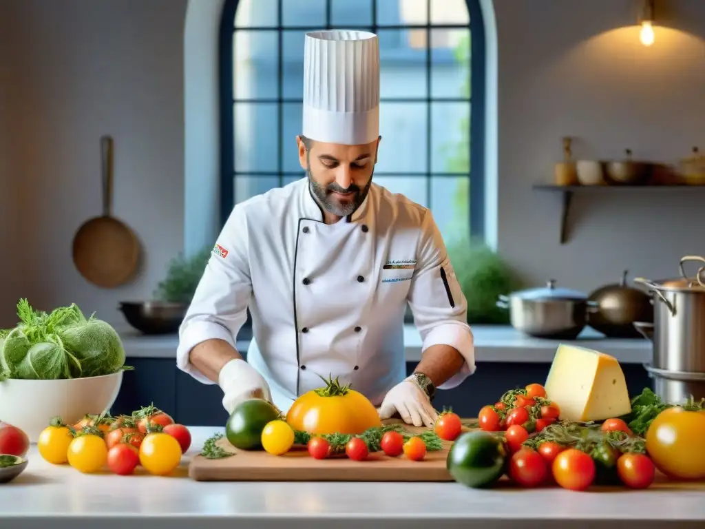 Un chef francés crea una obra maestra sin gluten en una cocina parisina, rodeado de ingredientes frescos