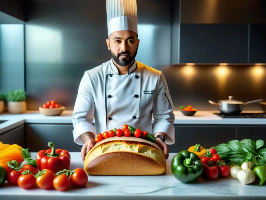 Un chef cortando pan sin gluten en una cocina moderna con ingredientes frescos y coloridos