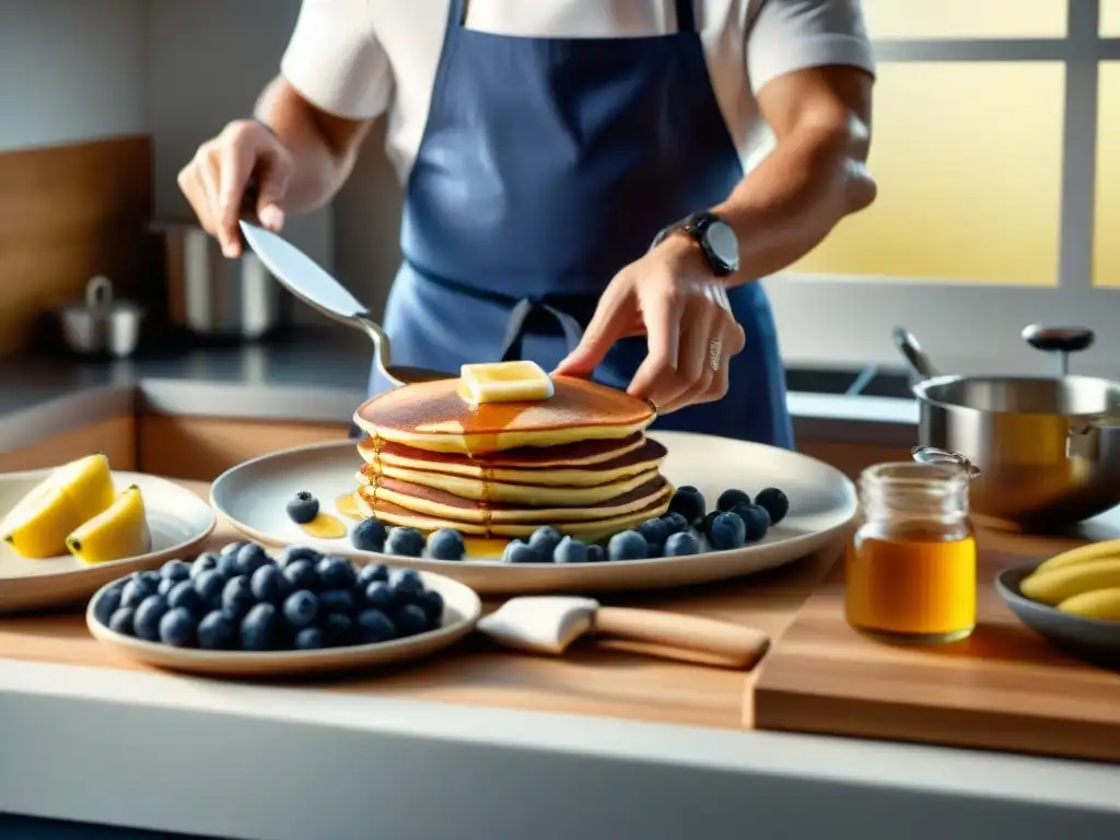 Chef preparando pancakes sin gluten en sartén, con ingredientes frescos y luz matutina suave