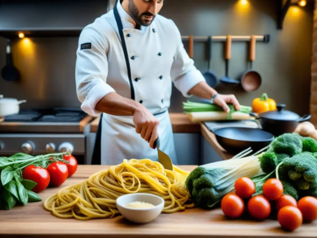 Un chef prepara pasta sin gluten en una cocina italiana rústica, con ingredientes y utensilios tradicionales