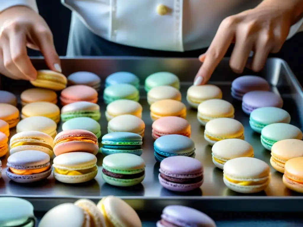 Un chef pastelero francés crea macarons sin gluten deliciosos en una escena vibrante y detallada