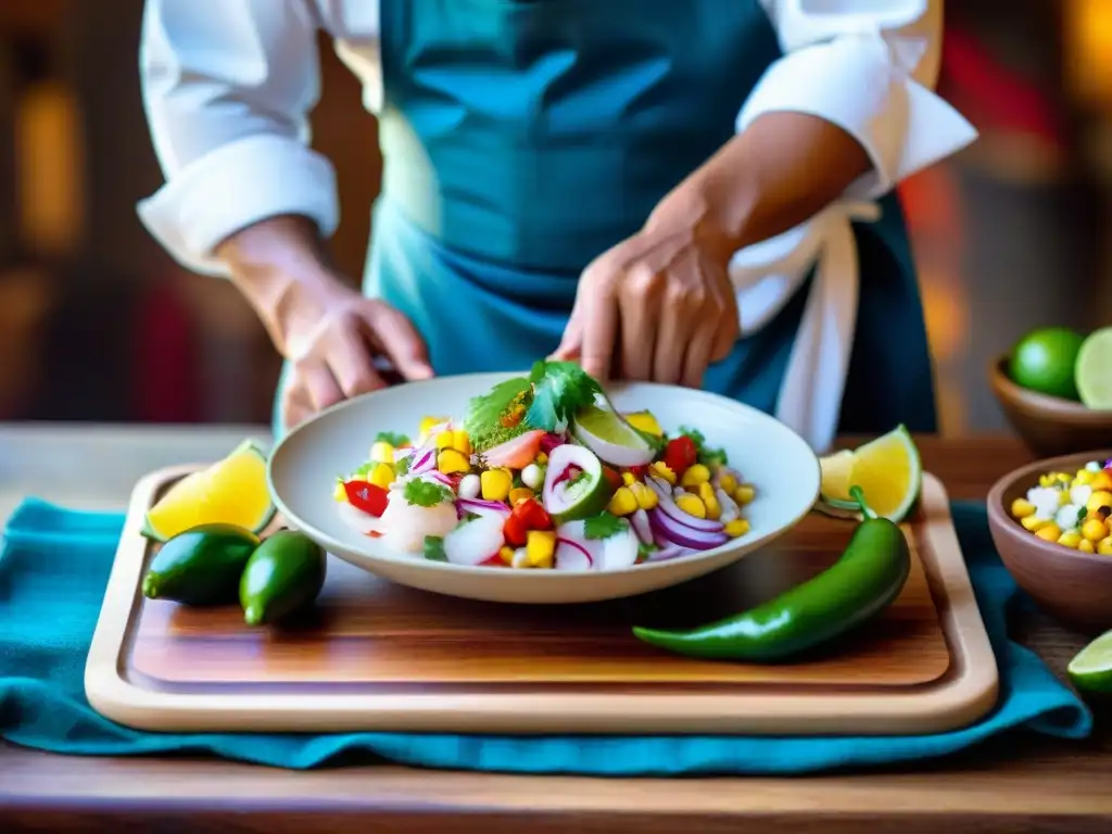 Un chef peruano prepara ceviche sin gluten con ingredientes frescos y coloridos, en un ambiente tradicional