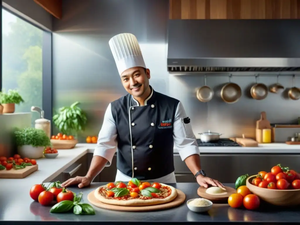 Chef creando pizza sin gluten innovadora en cocina moderna con ingredientes frescos