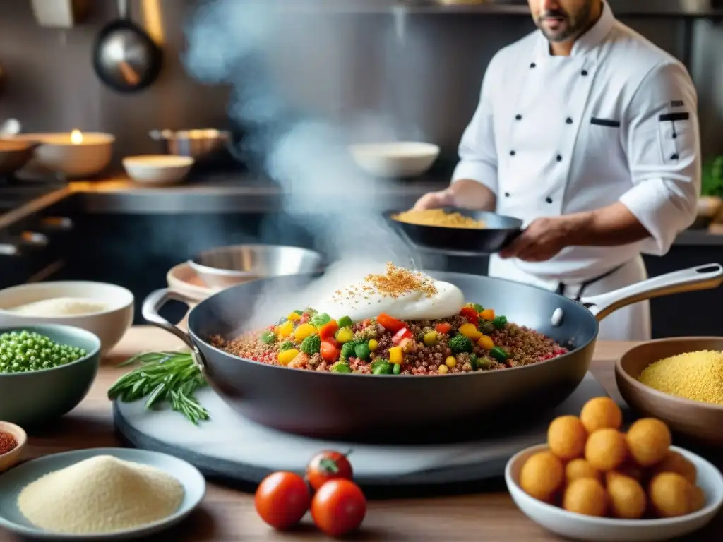 Un chef preparando un platillo sin gluten en una cocina bulliciosa, rodeado de ingredientes coloridos