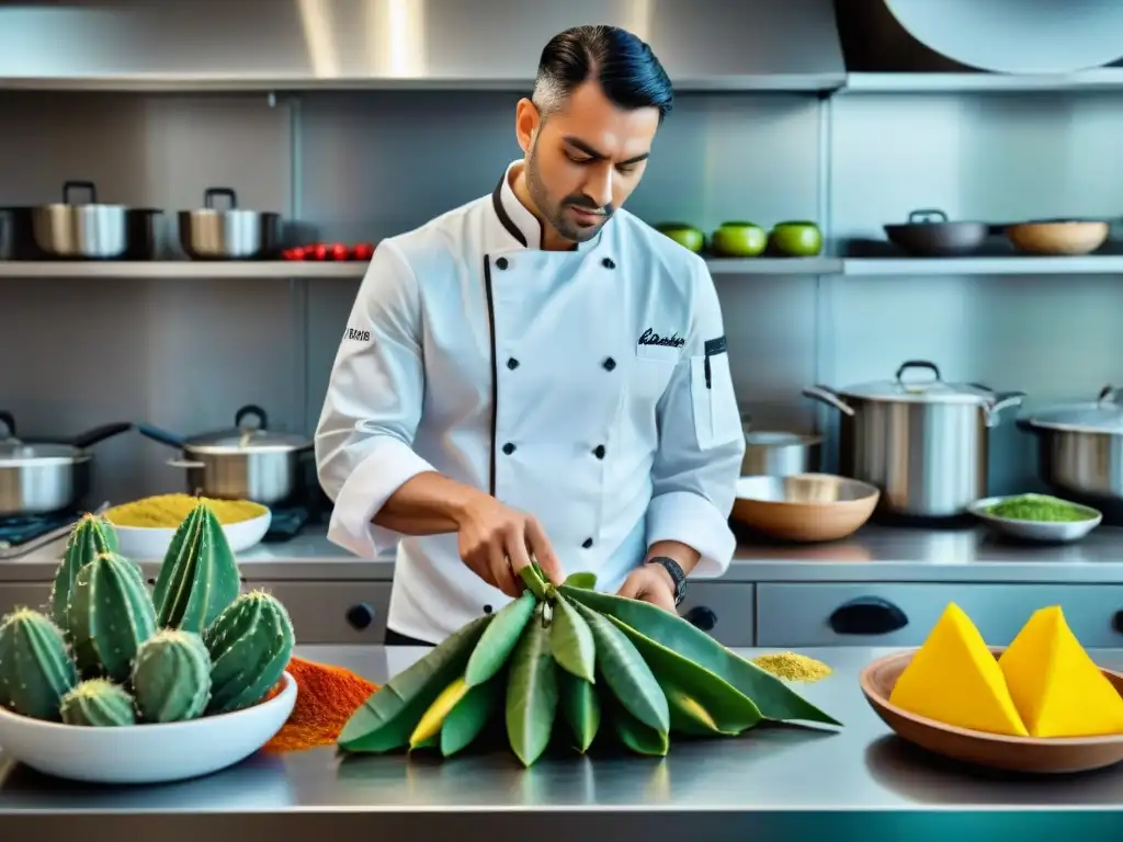 Chef preparando plato sin gluten con nopal en cocina moderna y creativa