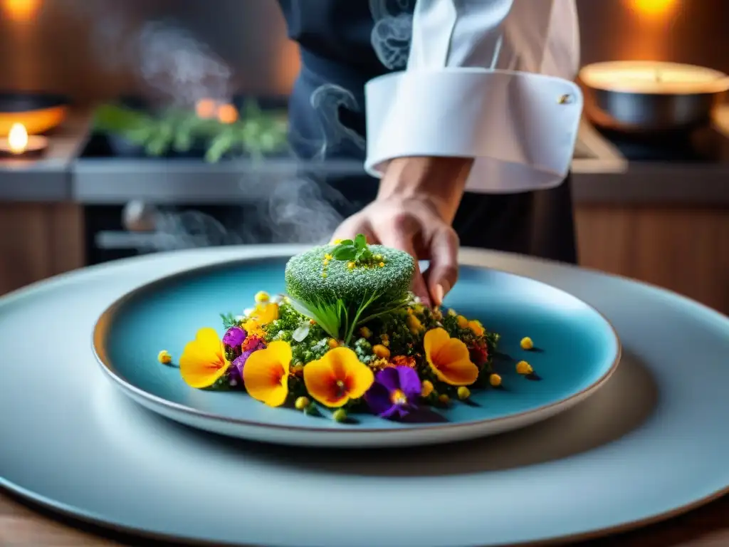 Chef decorando plato sin gluten con flores y hierbas, en cocina moderna