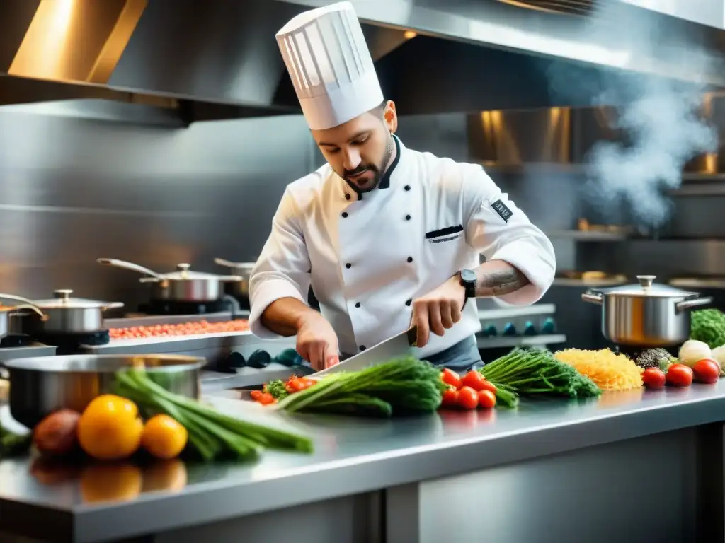 El chef prepara un plato gourmet sin gluten en una cocina moderna, recomendada para visitar restaurantes gluten libres