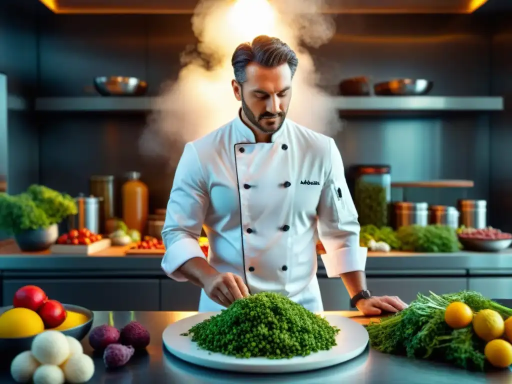 Un chef prepara un plato gourmet con ingredientes orgánicos sin gluten en una cocina moderna y elegante