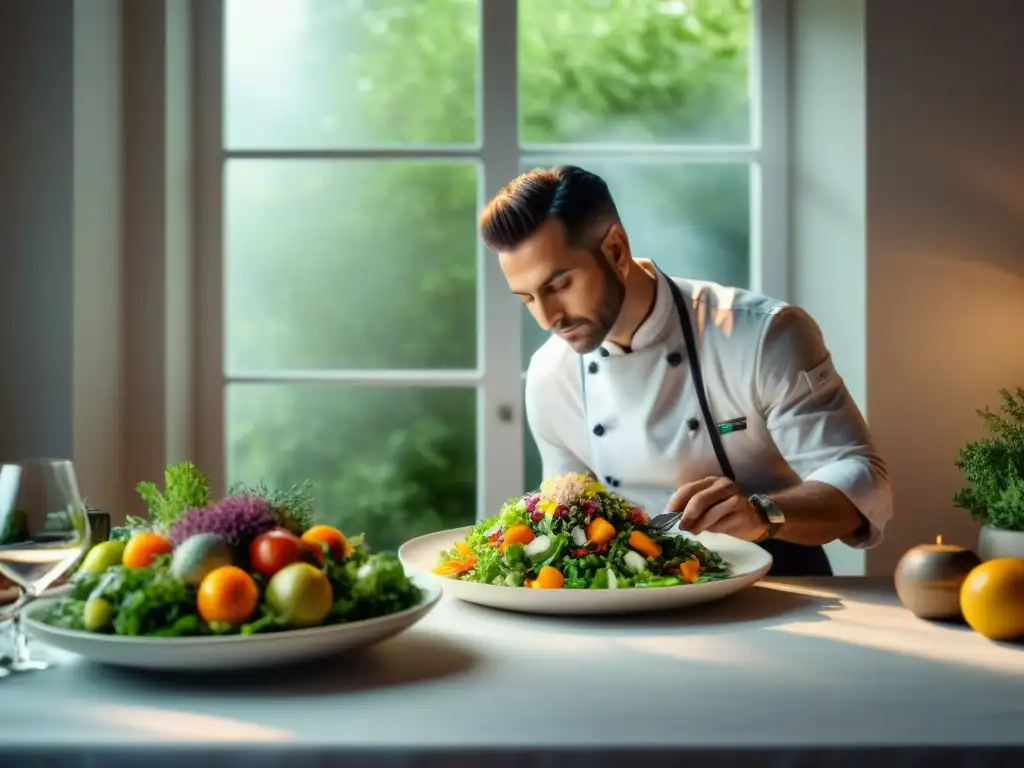 Un chef creando platos bajos en gluten FODMAP en una mesa elegante y colorida