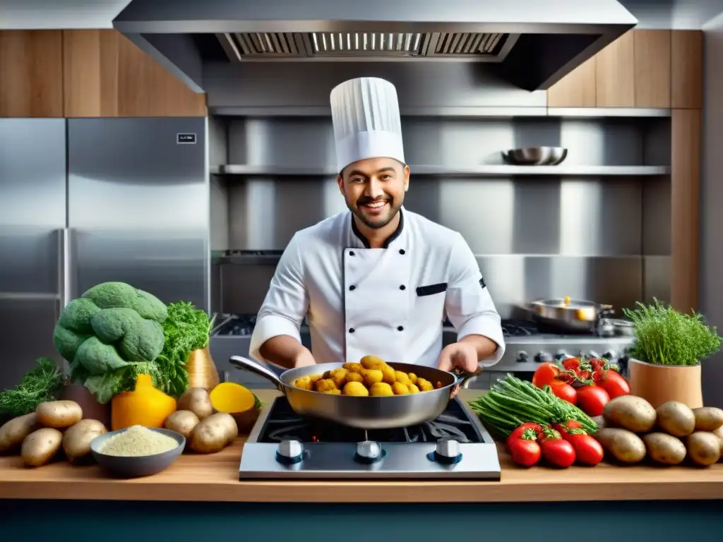 Un chef preparando alegremente platos sin gluten con papa en una cocina moderna y colorida