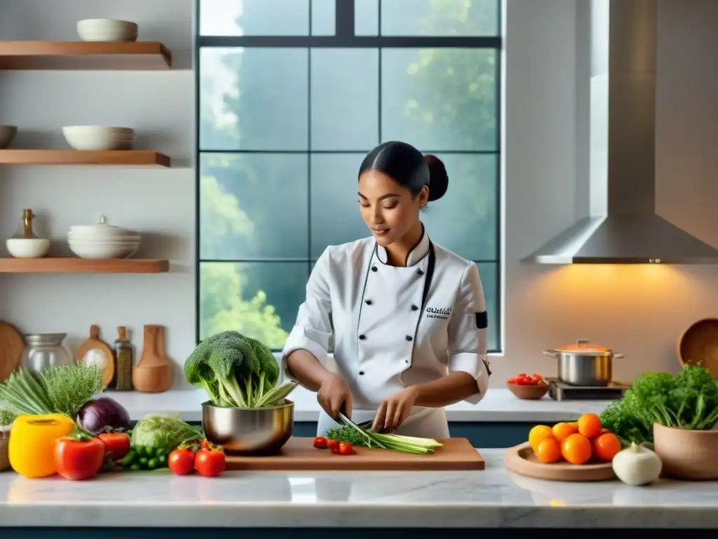 Un chef crea platos sin gluten en una cocina serena, mostrando técnicas culinarias con ingredientes frescos y coloridos