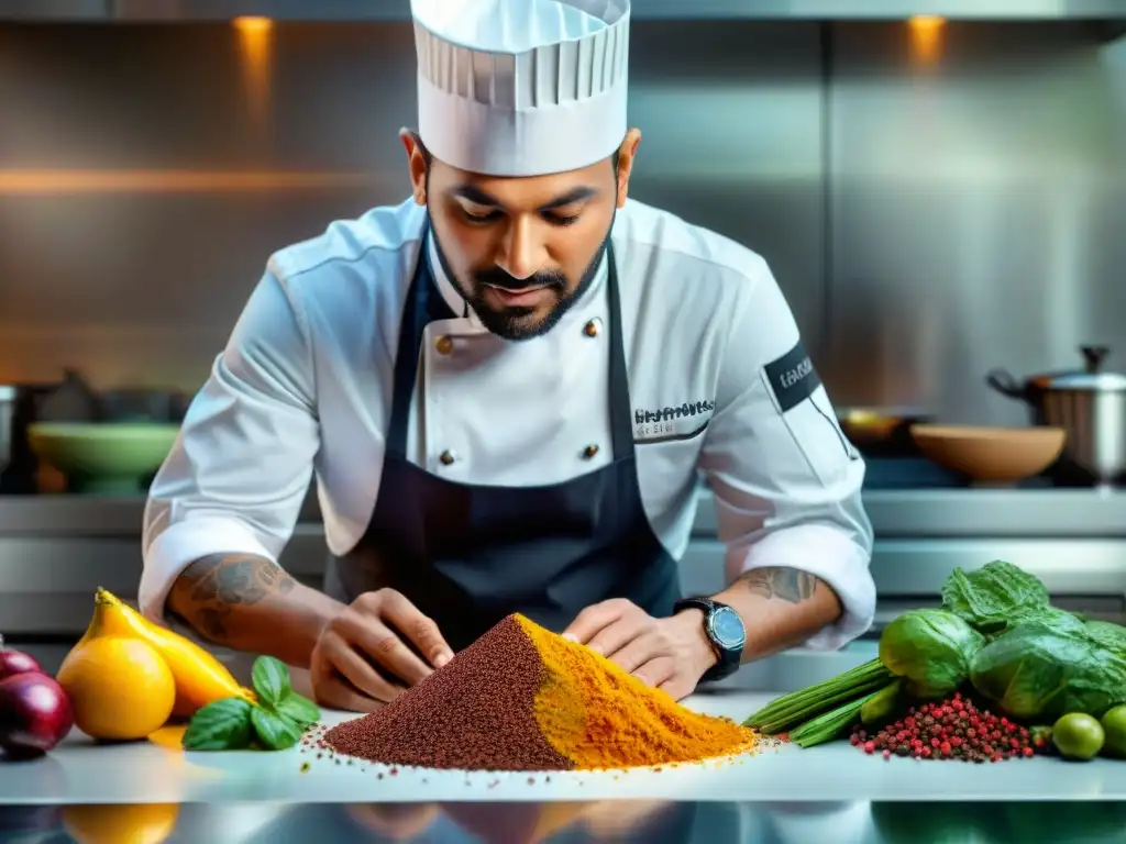 Un chef creando platos innovadores con ingredientes exóticos en una cocina moderna