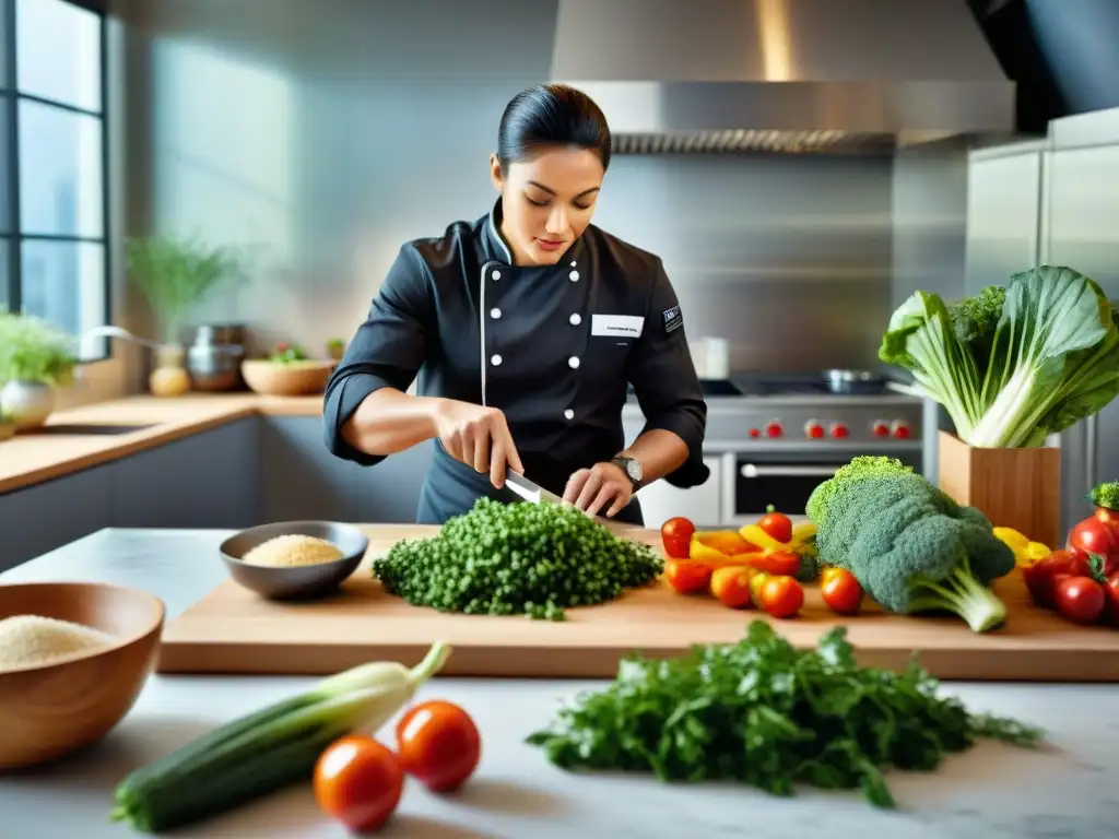 Un chef prepara con precisión un plato sin gluten en una cocina moderna, resaltando la nutrición y la creatividad en la cocina