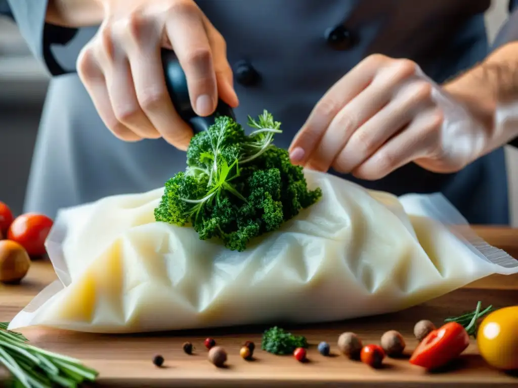 Un chef sazona con precisión un plato sin gluten cocinado al vacío, evocando arte culinario y sabor saludable