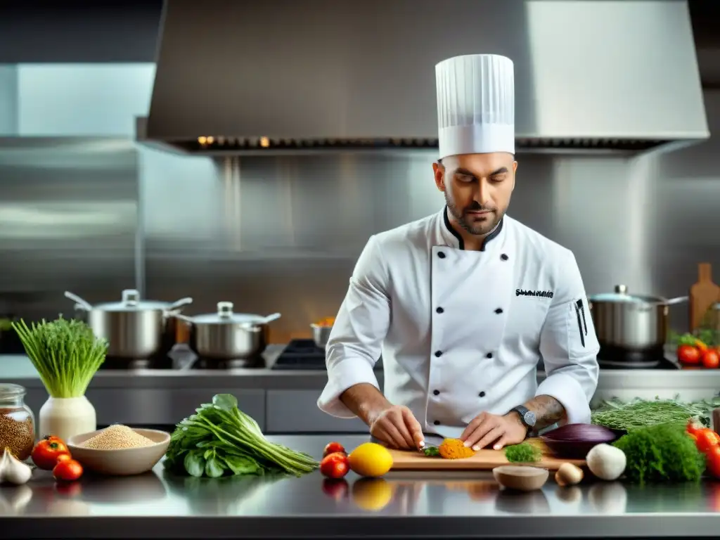 Un chef de prestigio en cocina moderna preparando plato sin gluten con pasión y precisión