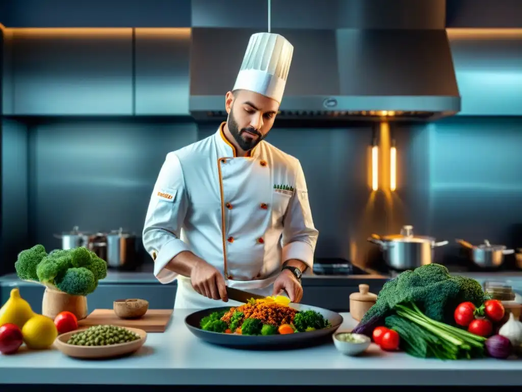 Un chef profesional en una cocina moderna preparando platos sin gluten innovadores