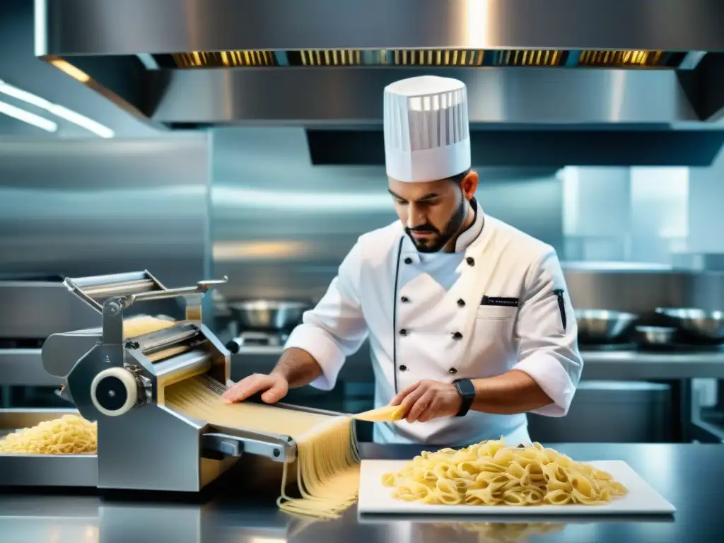 Un chef profesional en una cocina moderna operando una máquina de extrusión de pasta sin gluten con precisión