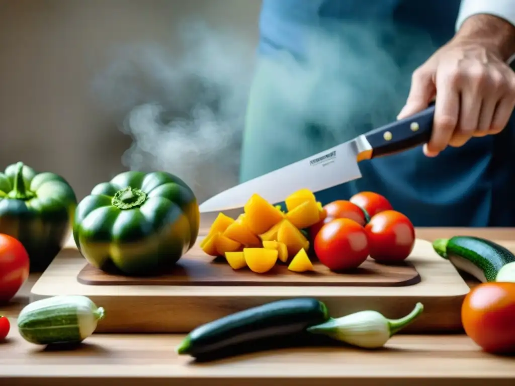 Un chef profesional corta verduras coloridas en una tabla de madera, en una cocina moderna y luminosa