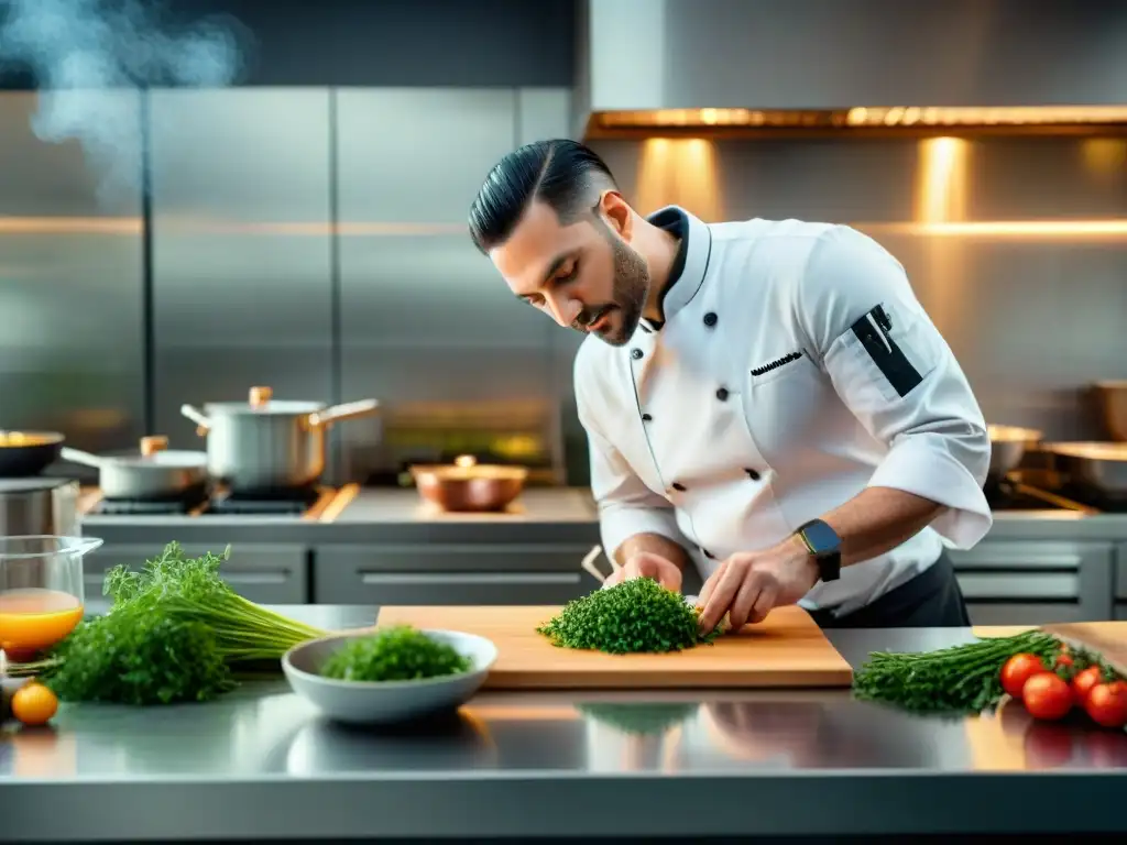 Un chef profesional prepara con maestría un exquisito plato sous vide en una cocina moderna y elegante