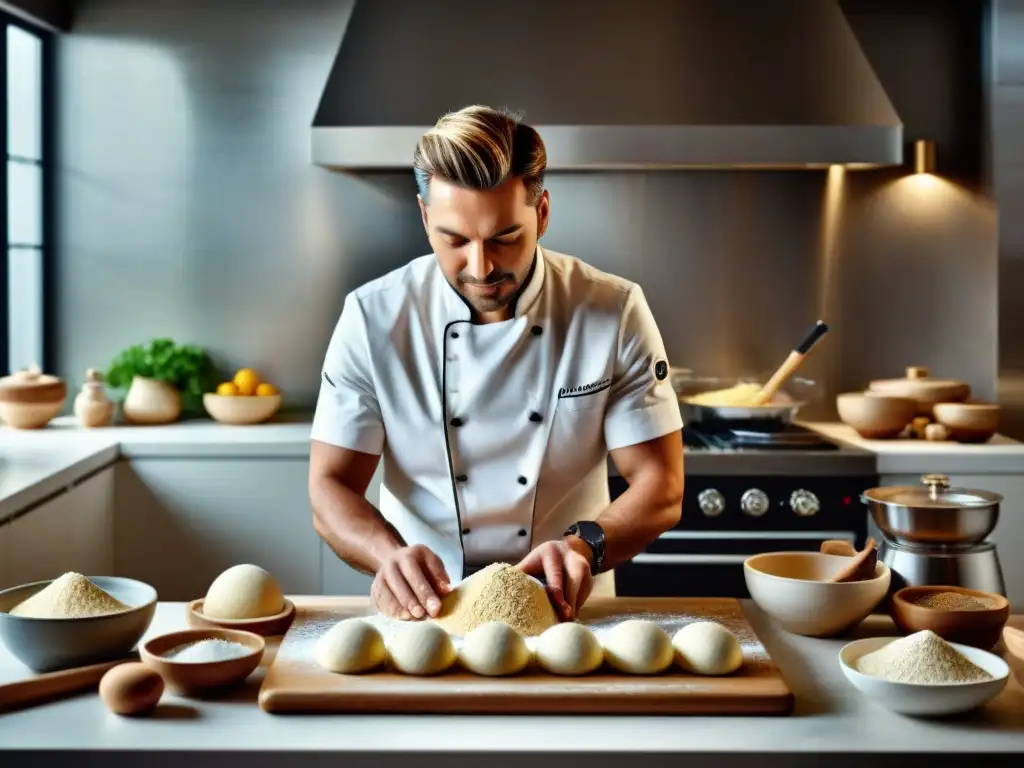 Un chef profesional elabora masa sin gluten en una cocina moderna, mostrando precisión y experiencia