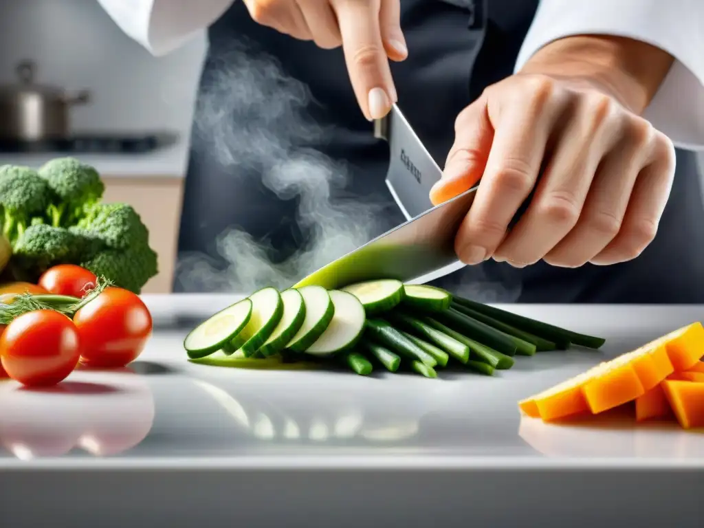 Un chef profesional corta hábilmente verduras sin gluten con un cuchillo de cerámica brillante en una cocina moderna