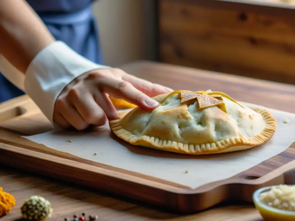 Chef preparando receta empanadas carne sin gluten en cocina rústica iluminada