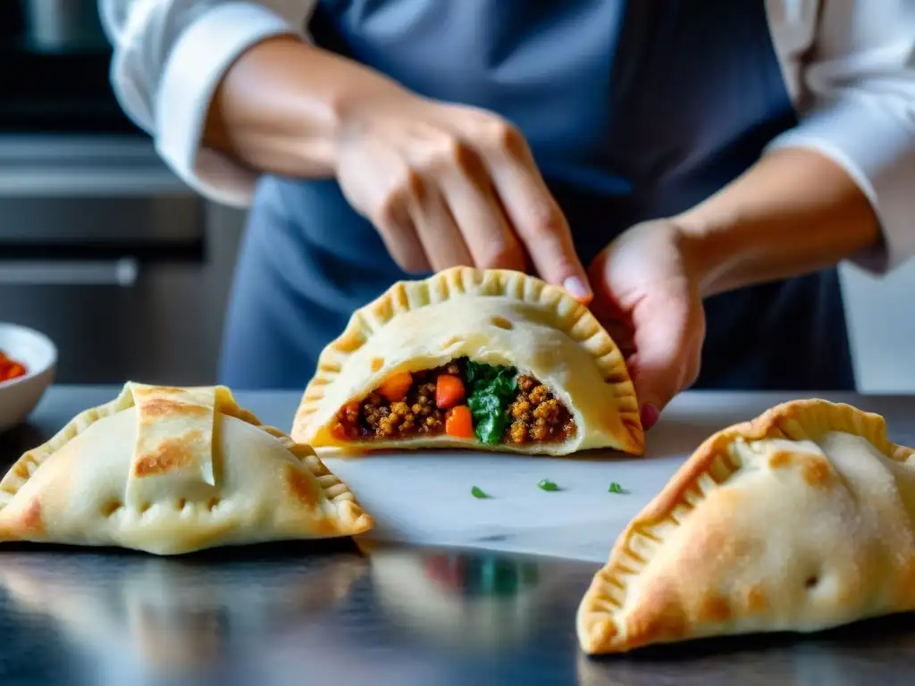 Chef preparando receta empanadas sin gluten fácil en cocina moderna, creando un ambiente cálido y acogedor