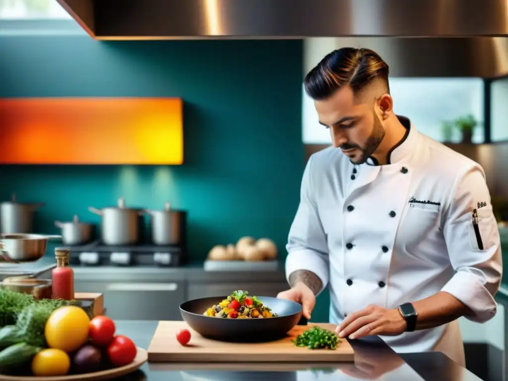 Un chef prepara una receta sin gluten innovadora en una cocina moderna de Granada