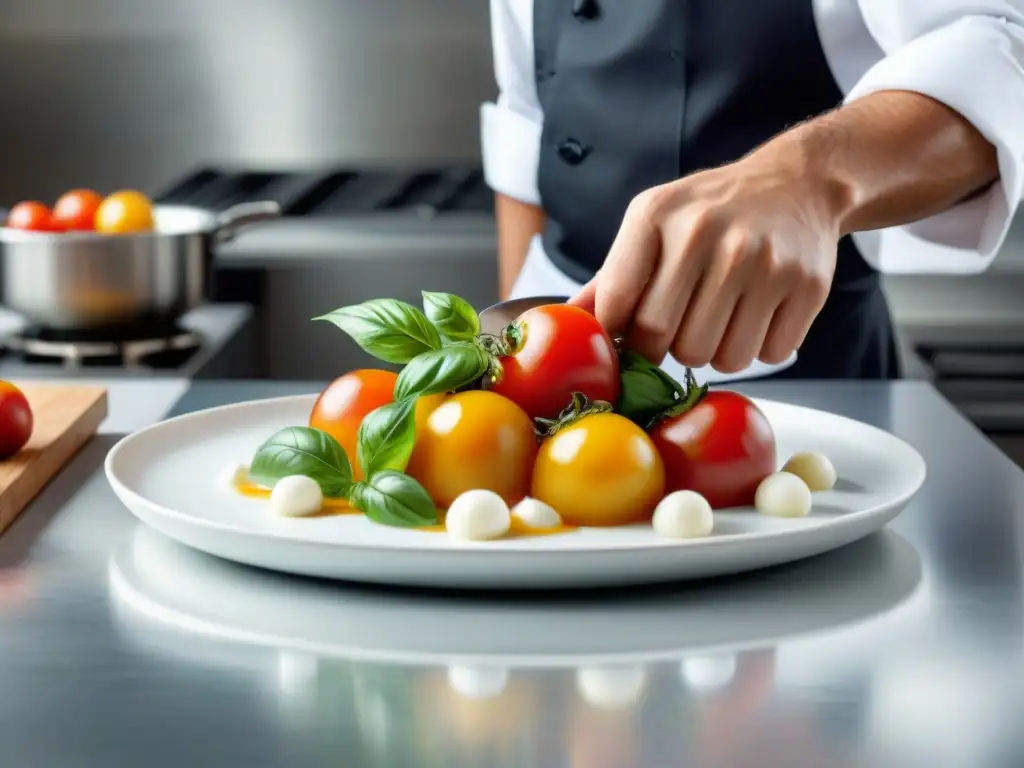 Un chef crea una receta gourmet sin gluten innovadora, con ingredientes frescos y coloridos, en una cocina moderna