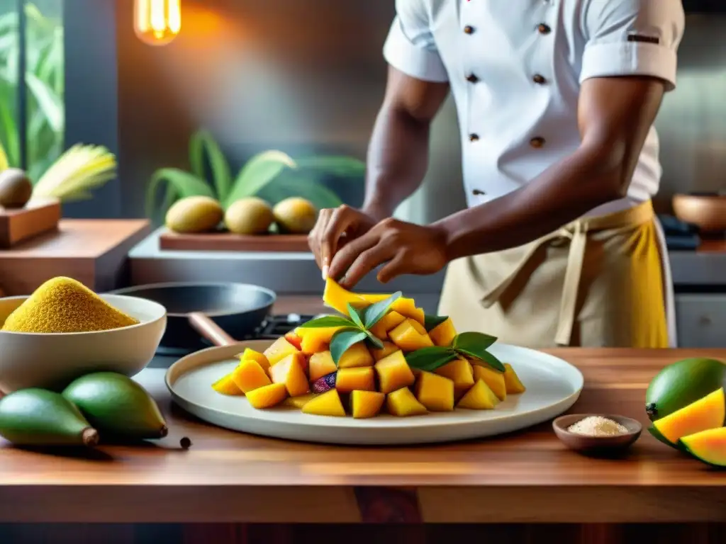 Un chef prepara recetas caribeñas sin gluten deliciosas en una cocina tropical vibrante con frutas coloridas