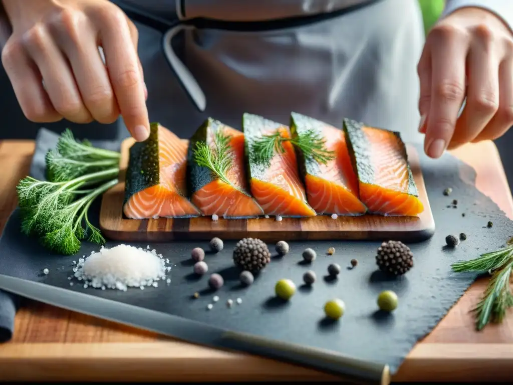 Chef preparando recetas escandinavas sin gluten gourmet con salmón y eneldo fresco en tabla de madera