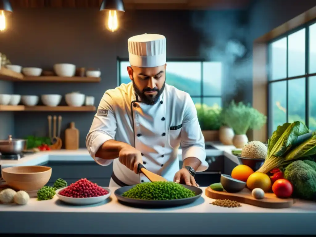 Un chef crea recetas sin gluten innovadoras en una cocina moderna con ingredientes coloridos y exóticos