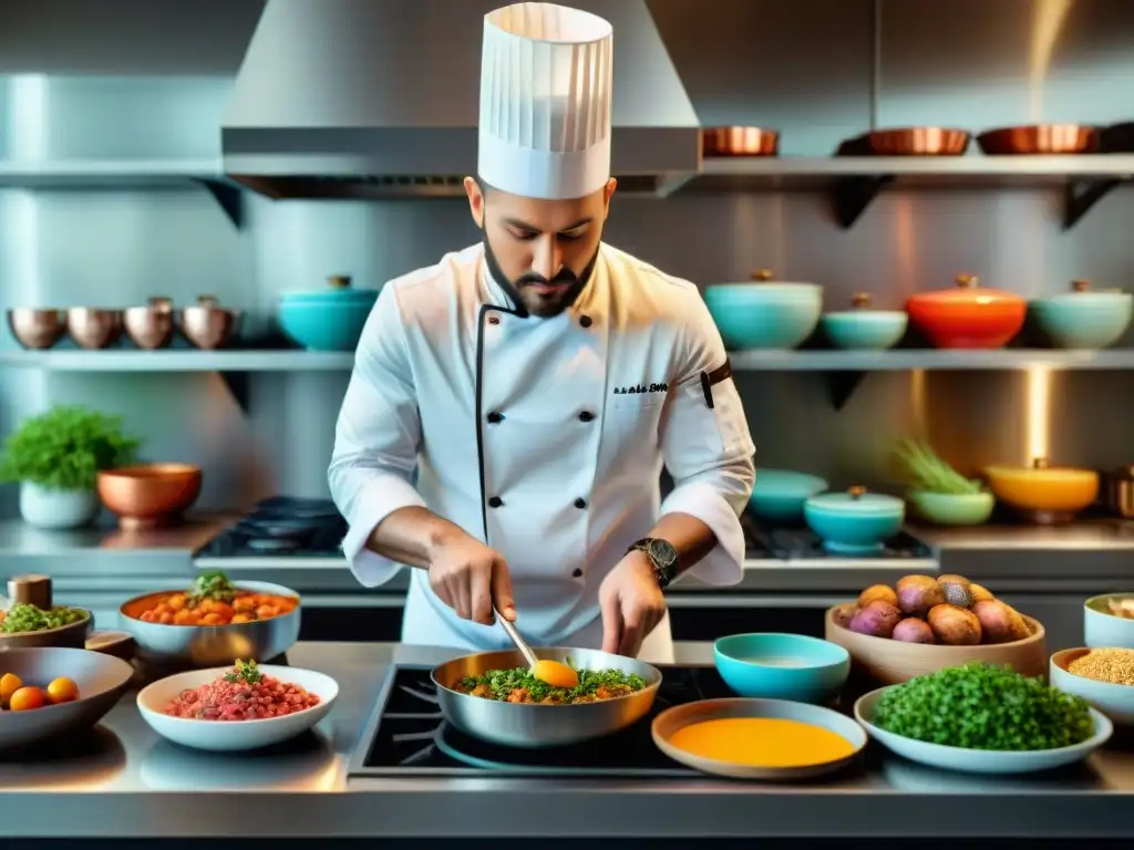 Un chef preparando recetas sin gluten innovadoras en una cocina moderna y colorida