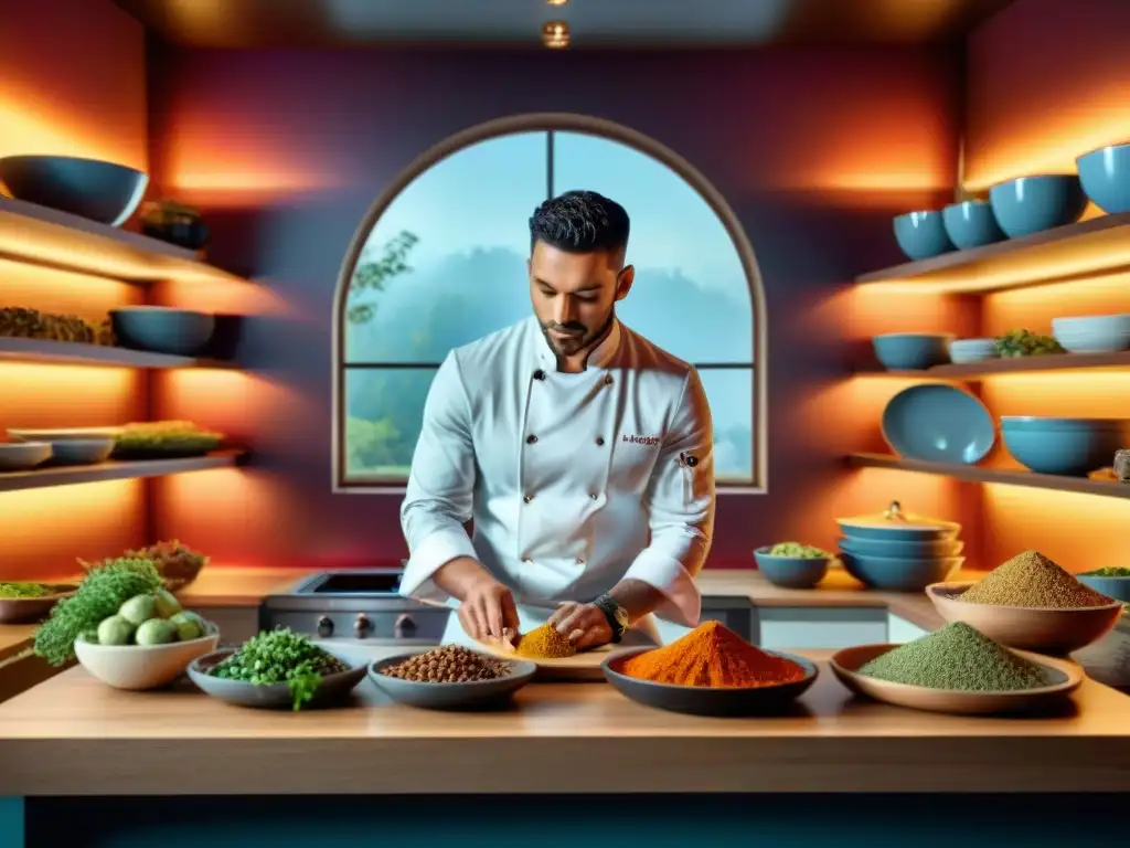 Un chef preparando recetas sin gluten innovadoras en una cocina moderna y colorida