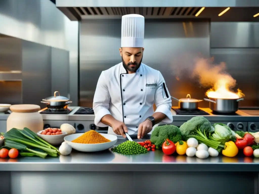 Un chef preparando recetas sin gluten innovadoras y deliciosas en una cocina moderna y llena de ingredientes frescos y coloridos