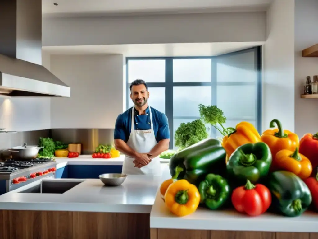 Un chef preparando recetas sin gluten innovadoras en una cocina moderna de Cádiz con productos frescos y coloridos