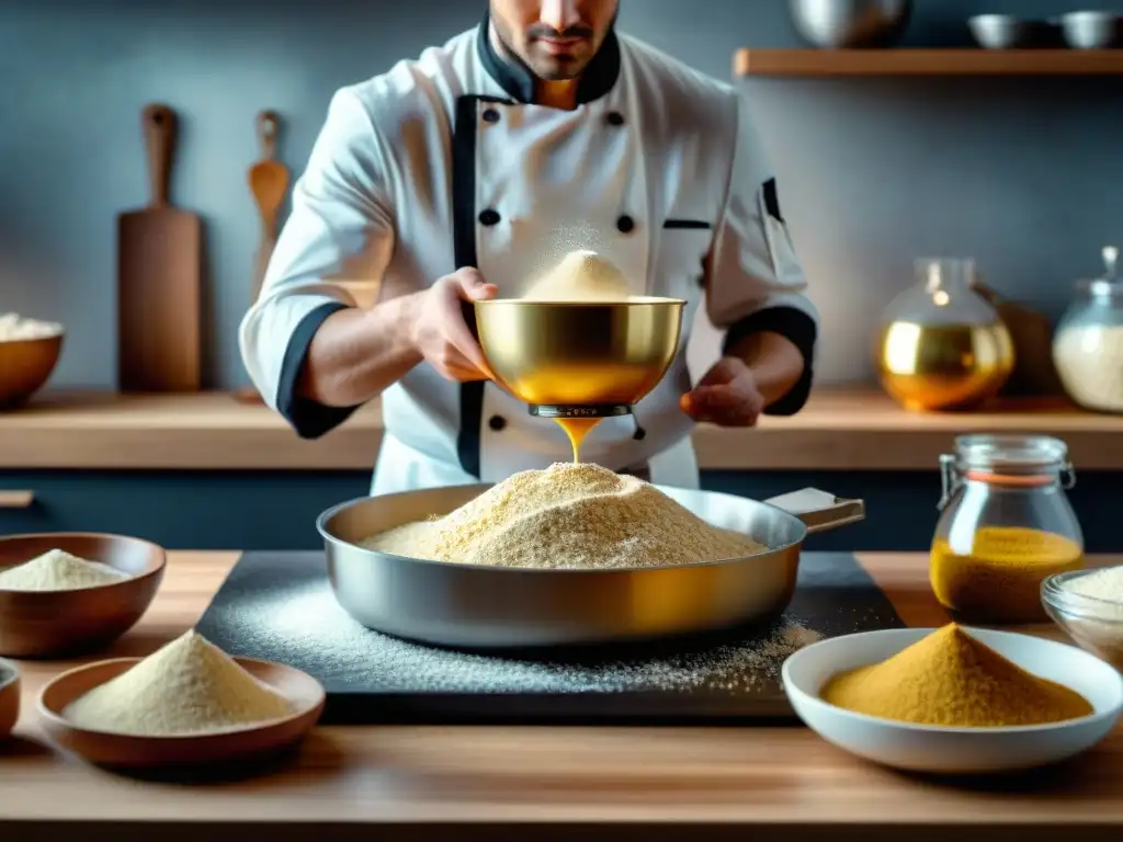 Chef creando recetas masa sin gluten saludables en cocina moderna con ingredientes como harina de almendra, aceite de coco y semilla de lino