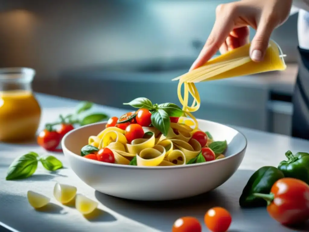 Un chef creando recetas de pastas sin gluten innovadoras en una cocina moderna