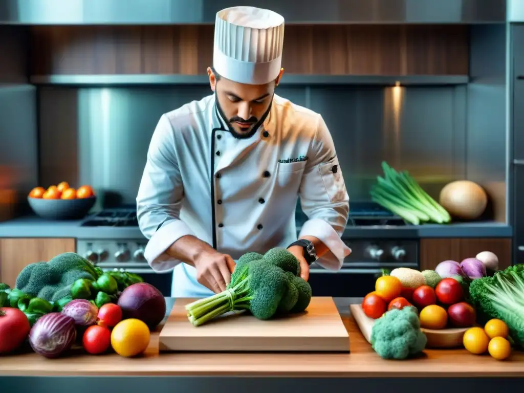 Un chef adaptando recetas tradicionales sin gluten en una cocina moderna con ingredientes frescos y coloridos