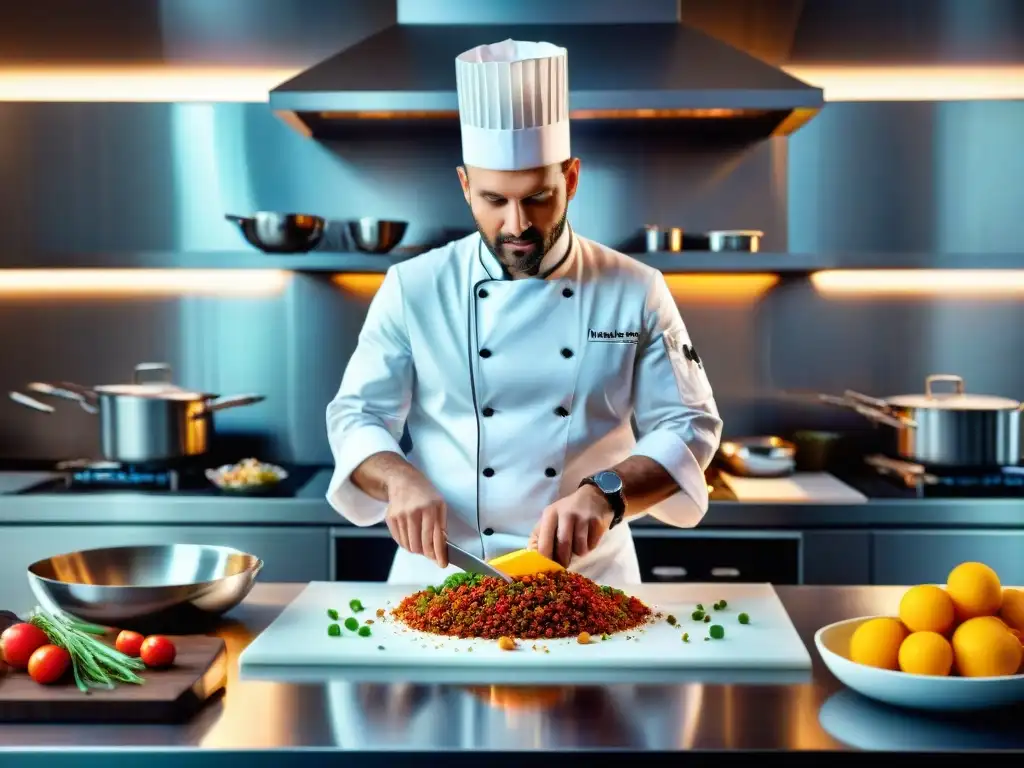 Un chef renombrado en una cocina moderna y lujosa, creando con pasión un platillo sin gluten de alta cocina