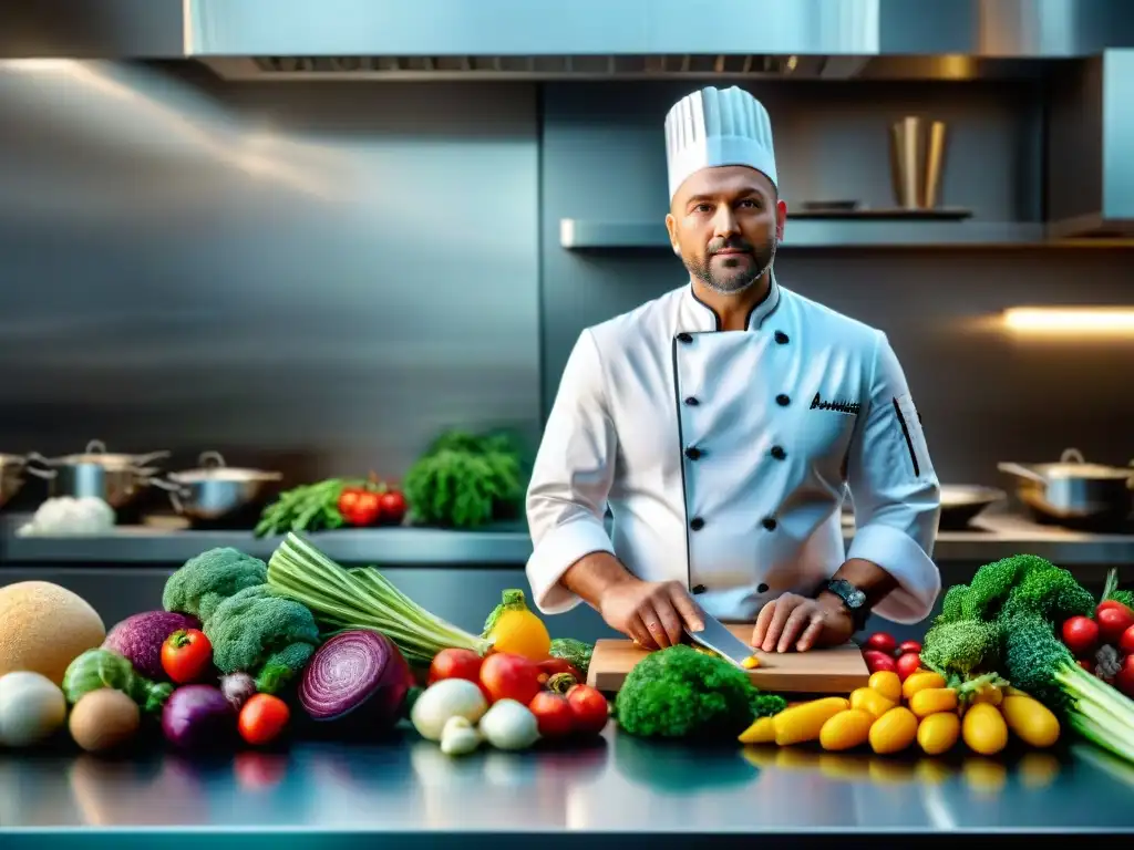 Un chef renombrado en una cocina moderna, preparando un exquisito plato sin gluten con ingredientes frescos y coloridos